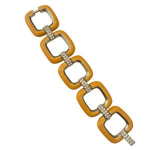 Vintage 1990’s mod Gold tone & Orange enamel Square Link crystal pave Bracelet